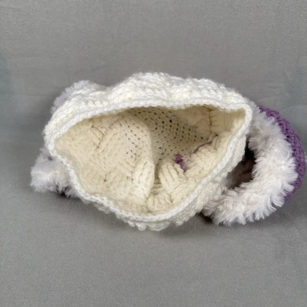 Girls Handmade Bunny Ears Hat With Bow Crocheted WHITE PURPLE